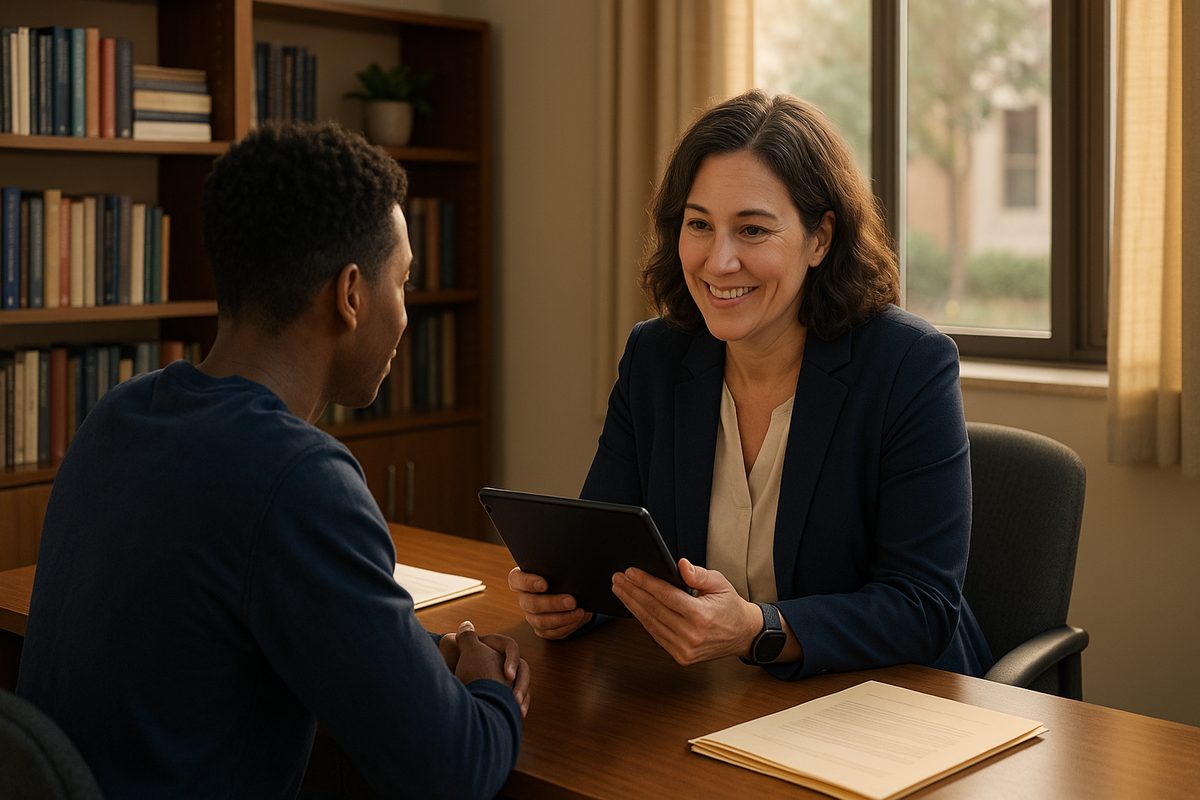 A financial aid administrator reviewing Your AI Access with a student