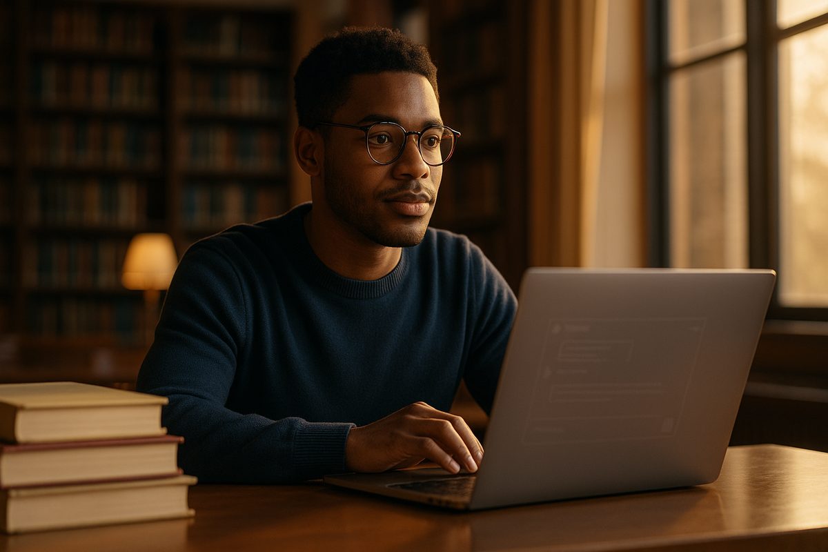 A student working on a laptop with AI tools in a warm-lit library