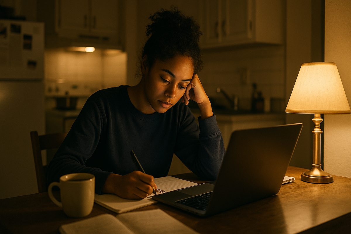 A student studying at home with a laptop